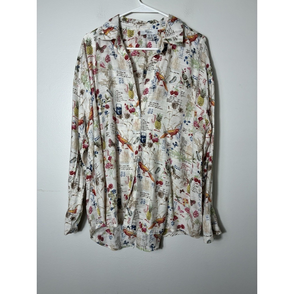 C By One Button Up Linen Blend Shirt Women's Large Novelty Print Costal Cottage